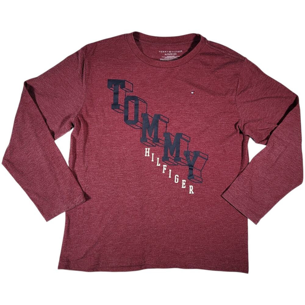 Tommy Hilfiger Long Sleeve Graphic Tee Red XL Big Logo Crewneck Casual Cotton